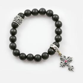 GOTHIC CROSS CHARM 8MM BLACK MATTE ONYX BEADED BRACELET