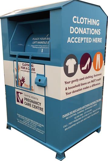 blue clothing donation bins