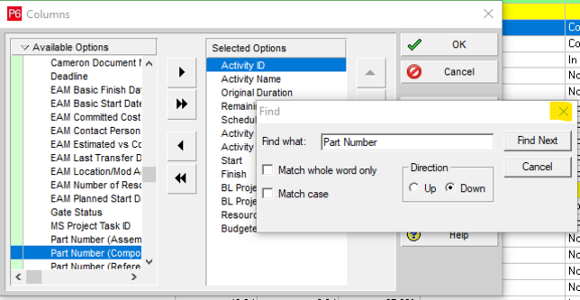 Search method in Primavera P6 columns option