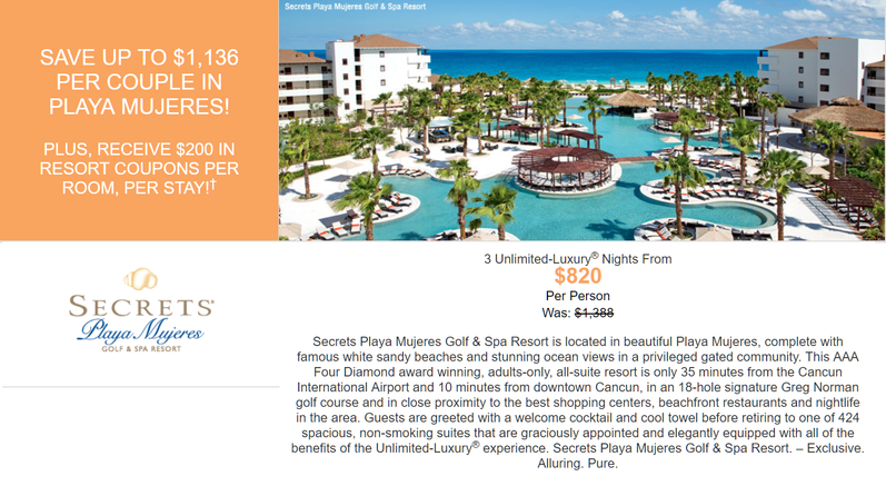 Secrets Playa Mujeres all inclusive honeymoon promotion