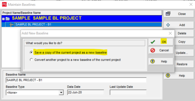 Save copy of Primavera P6 baseline