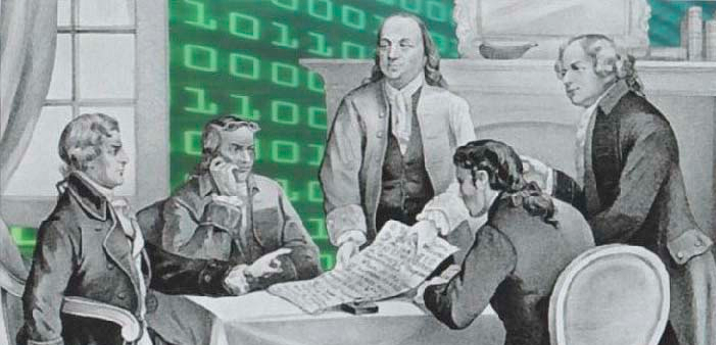 Signing of the Declaration of Independence with computer code in background