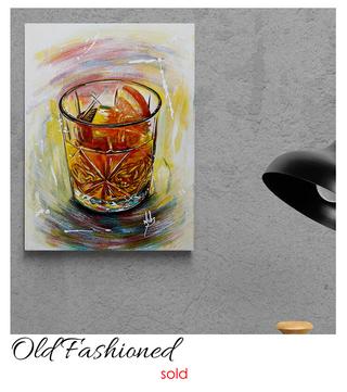 old fashioned cocktail, whiskey cocktail, whiskey drink in glass, acrylic painting