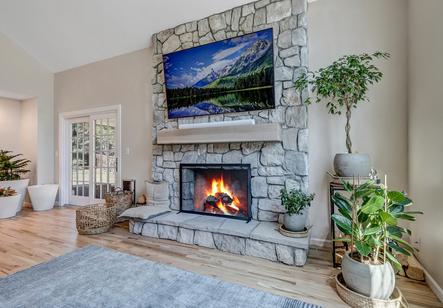 Colorado home living area renovation remodel fireplace stone