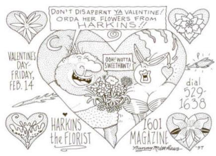 A hand-drawn cartoon of Vic giving Nat'ly flowers from harkins, telling others not to disapernt ya valentine and order