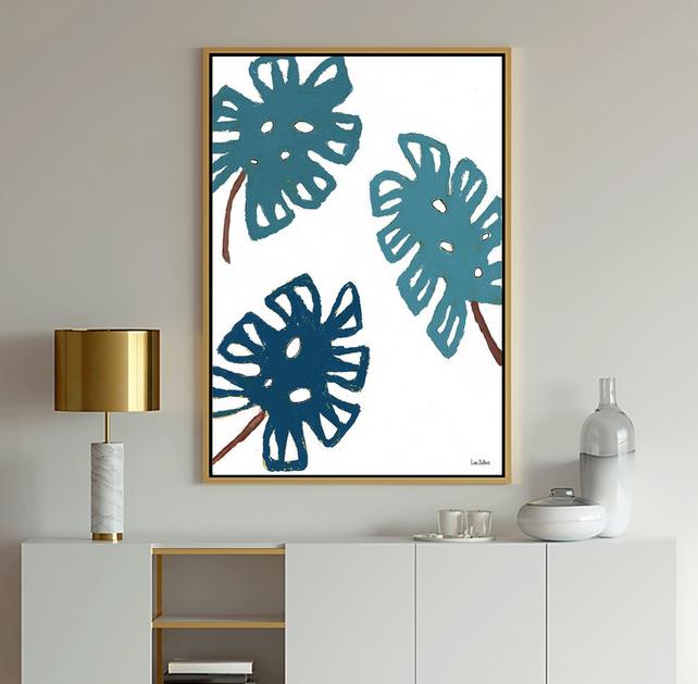 Tropical Blue leaves and stems abstract art