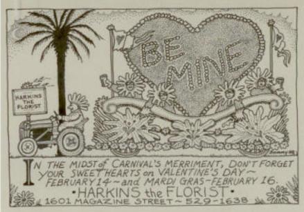 A hand-drawn cartoon of a Valentine's themed parade float and a reminder about the overlapping holidays