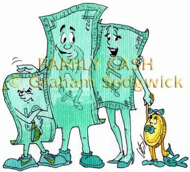 cartoon character money family cash father, mother and kids fiver and penny book illustration