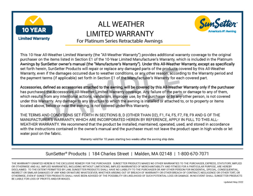 10 year warranty information for SunSetter Platinum products.