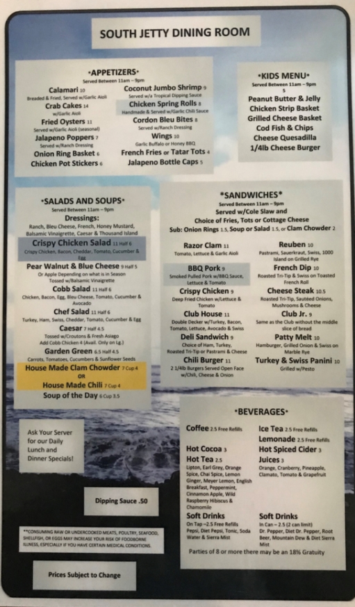 South Jetty Dining Room And Bar In Hammond Or Menu