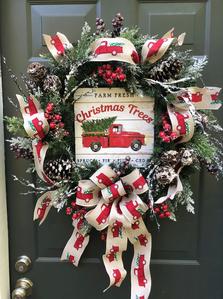 Red Truck Snowy Pine Frosted Ornament Pine Cone Ribbon Wreath