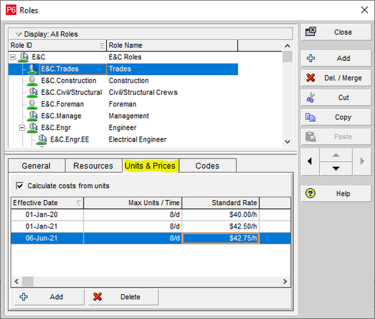 Primavera P6 version 20.12 role rates can be updated and changed over time