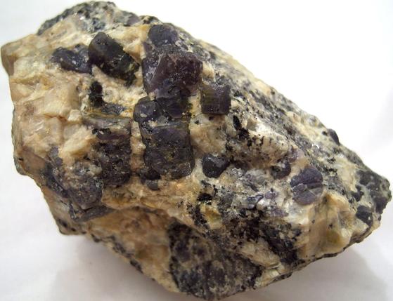 Blue gray Corundum Sapphire crystals, Baddeleyite, Biotite mica, Bozeman Corundum Co. Mine, Gallatin Gateway, Gallatin County, Montana, USA, ex Rutgers Geology Museum