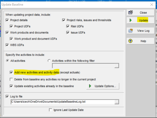 Update new Primavera P6 baseline