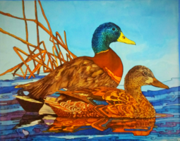 Malard Ducks, Original Silk Painting, Tracy Harris, Mallard Ducks