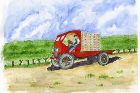 Charlene Jenner's watercolor painting of a 1930's flatbed truck loaded with grape boxes and driven by Henry Scheideman