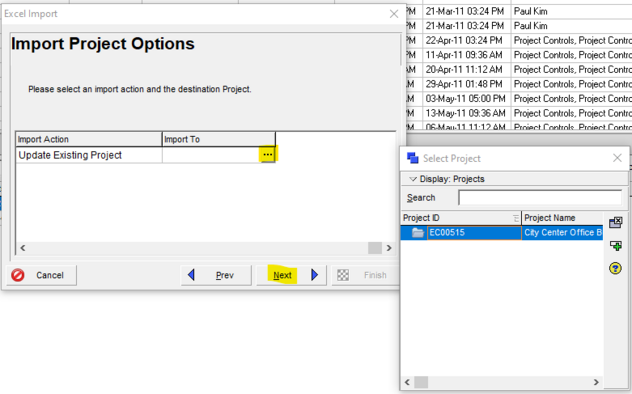 Select existing Primavera P6 project to import to