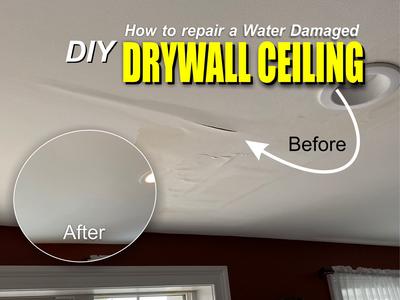 DIY How to repair a water damaged drywall ceiling. Easy way to repair water damaged drywall ceilings. We use some spackle paste from Home Depot along with a hand sander, putty knives, sheet rock tape a ladder and tarp. This is a job almost any homeowner can tackle and will save hundreds of dollars in the process.