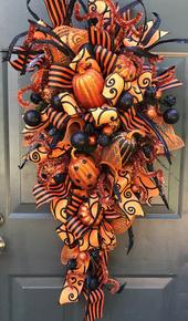 Designer Halloween Front Door Wreath Black Orange Pumpkins Ribbon