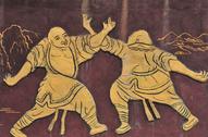 Historical image of push hands Tai Chi practice.