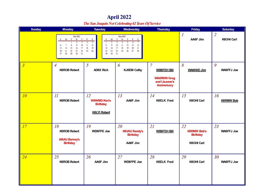 San Joaquin HF Net 3918 kHz Calendars