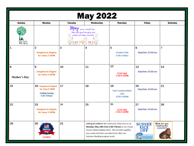 May Calendar of events