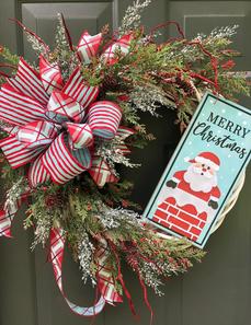 Christmas white grapevine wreath santa snow pine picks ribbon greenery