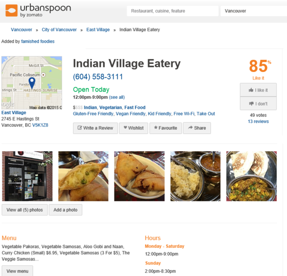 Indian Village Eatery Urbanspoon reviews