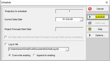 Schedule the Primavera P6 project to move the data date