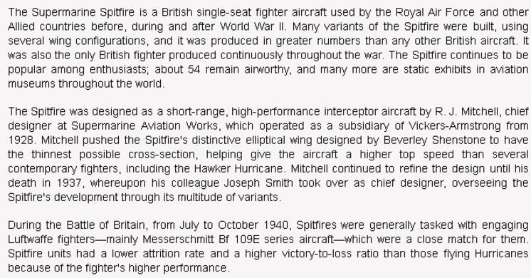 wiki background for 4D model of Supermarine Spitfire