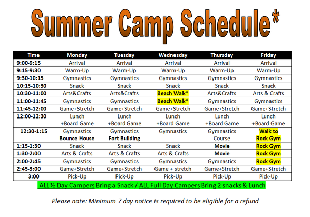 Summer Camp Schedule Info