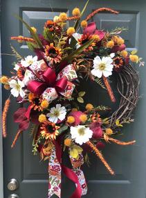 Fall Designer Grapevine Wreath Sunflowers pom pom Cattail Burgundy Ribbon