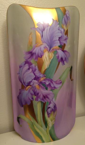 Original design by Irene Graham Iris vase with a graded background and Roman gold