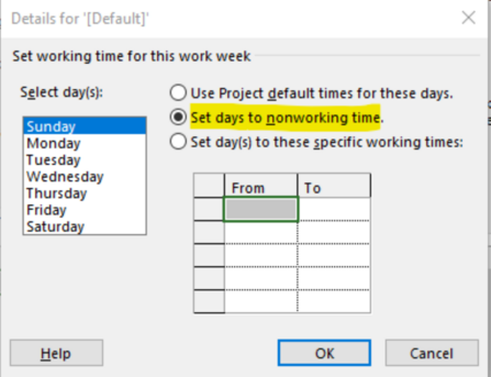 Set MS Project non-working time