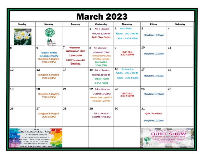 March Calendar of events