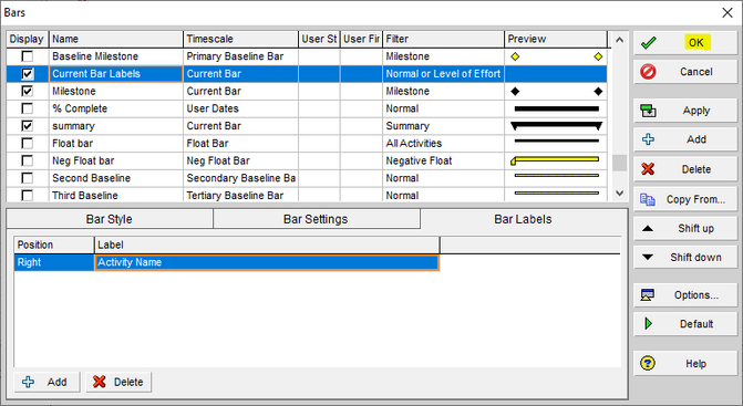 Select OK in Primavera P6 bars options