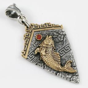 Atlantis Charm Sterling Silver Pendant w/Red Garnet & Golden Fish Greek Pattern