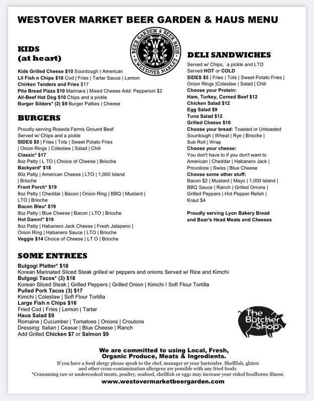 Westover Market & Beer Garden Menu