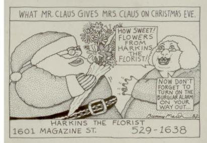 A hand-drawn cartoon of Santa giving Mrs. Clause flowers from harkins the florist on Christmas Eve