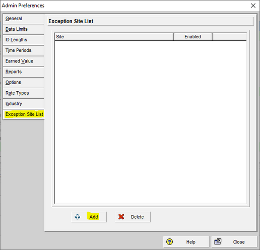 Use exception site list tab in admin preferences Primavera P6