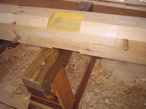 Scarf joint assembled to create 32' timber.