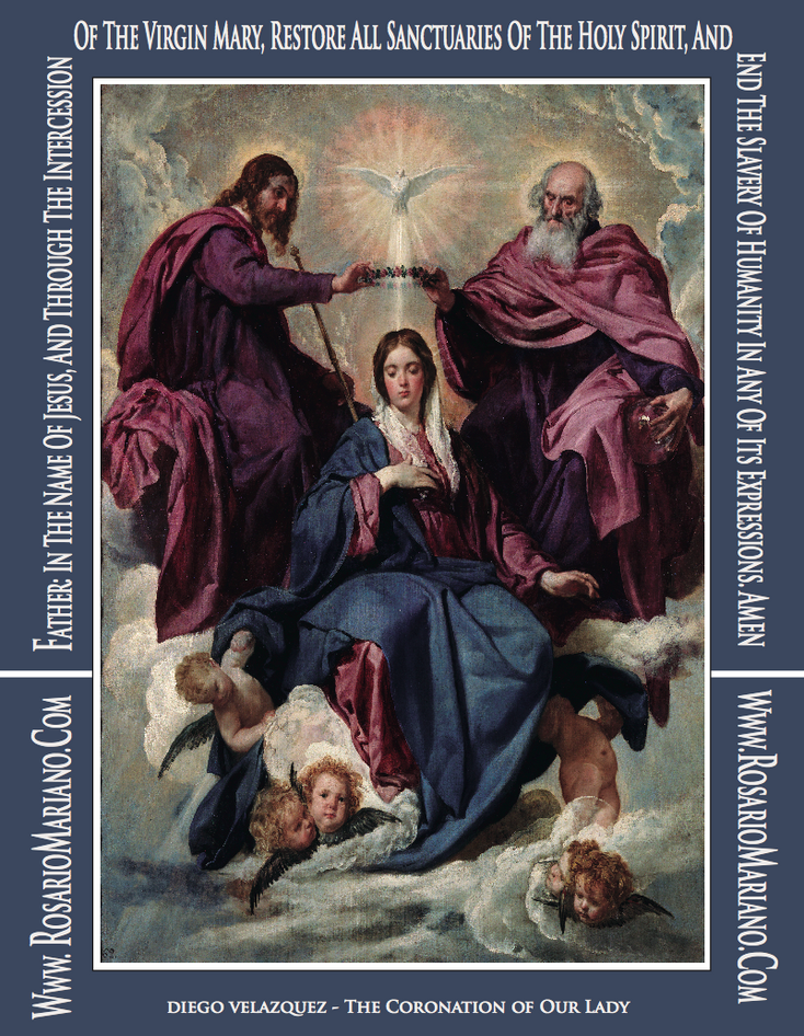 THE SWORD OF THE HOLY SPIRIT THE GOSPEL OF THE LORD, THE SPIRITUAL SWORD OF VIRGIN MARY: THE HOLY ROSARY; WELDED HERE BY TH HEARTS PRAY OF ROSARIO MARIANO FIFTH MYSTERY THE CORONATION OF OUR LADY IMAGE