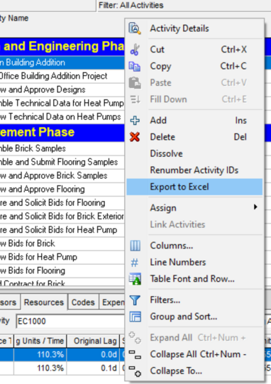 right-click export to Excel in Primavera P6