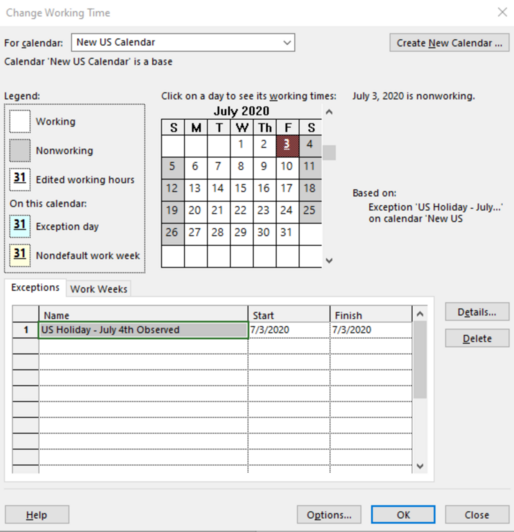 Set MS Project holiday calendar