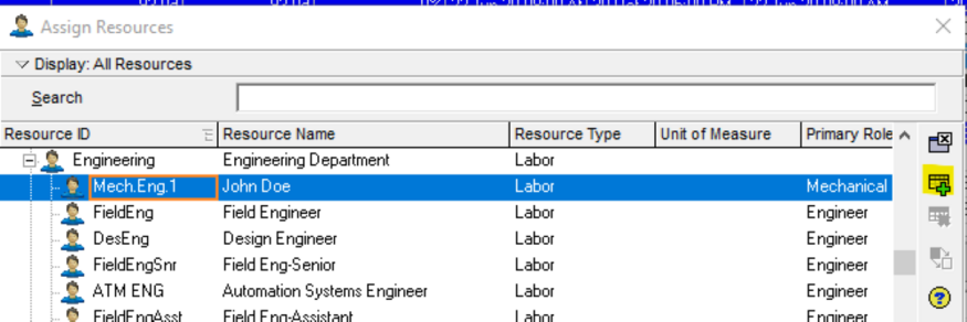 Select and add Primavera P6 resource