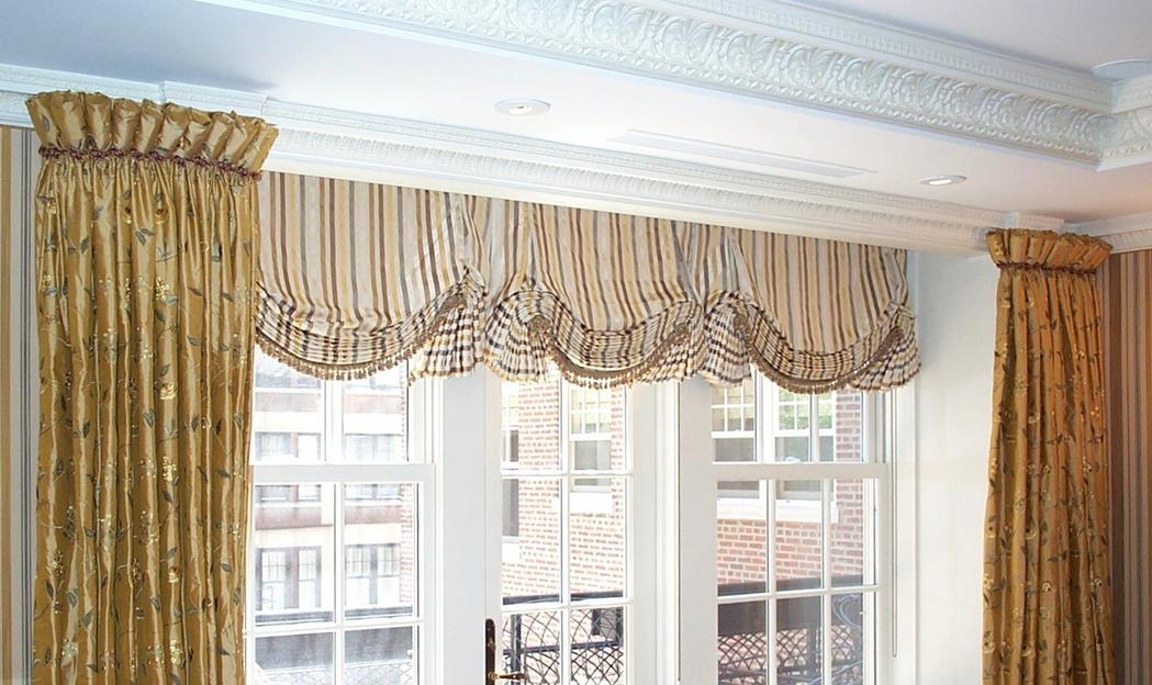 Goblet Pleat Drapery, Motorized English-Style Shades with Trim. Beauty is in the details