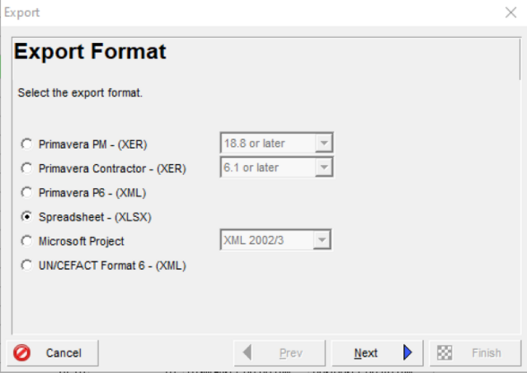 Export format spreadsheet XLSX in Primavera P6