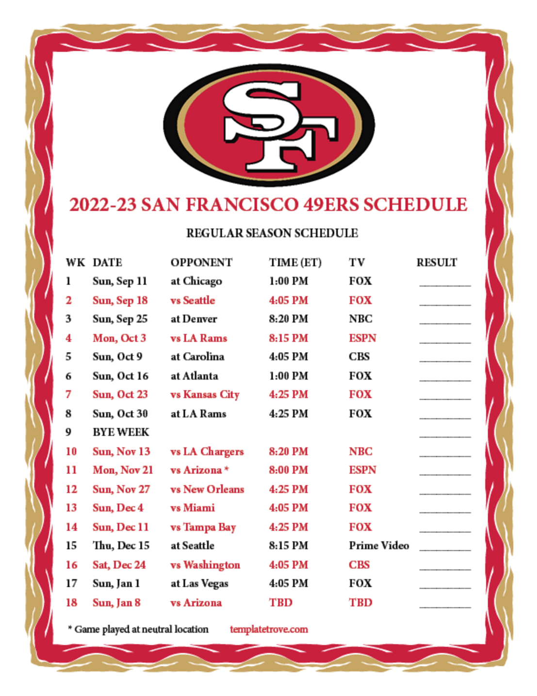 Printable 2019-2020 San Francisco 49ers Schedule