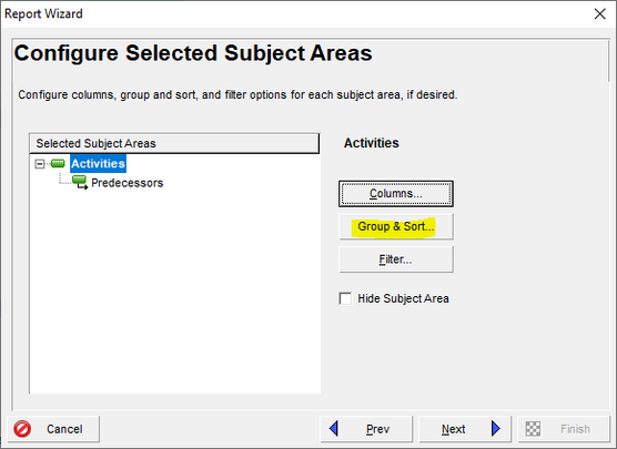 Select group & sort in Primavera P6 report wizard