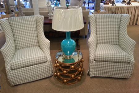 Gold table mirror top french blue new lamp C. R. Laine chairs new